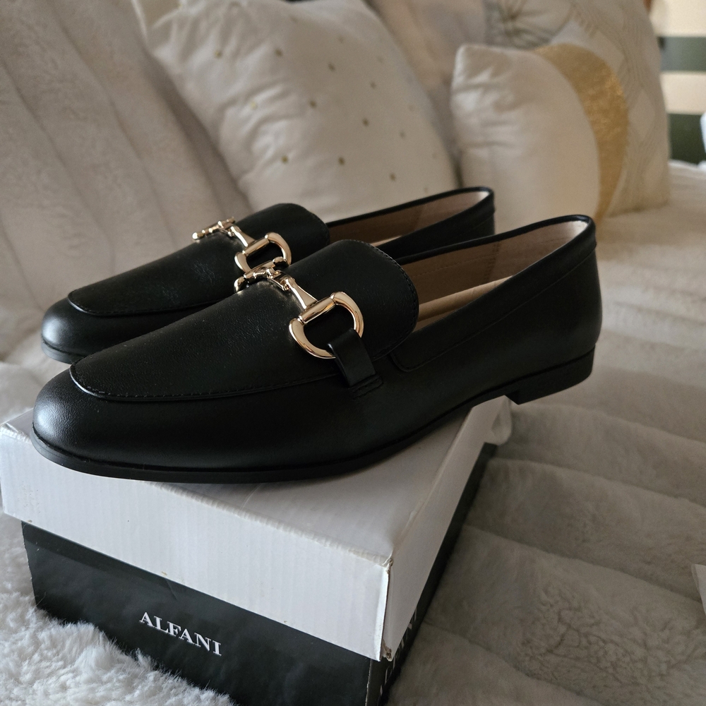 Alfani Black Loafers with Gold Buckle